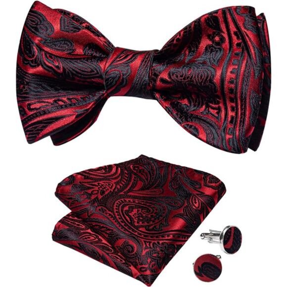 Men Bow Tie Paisley Striped Black Red - Picture 1 of 6